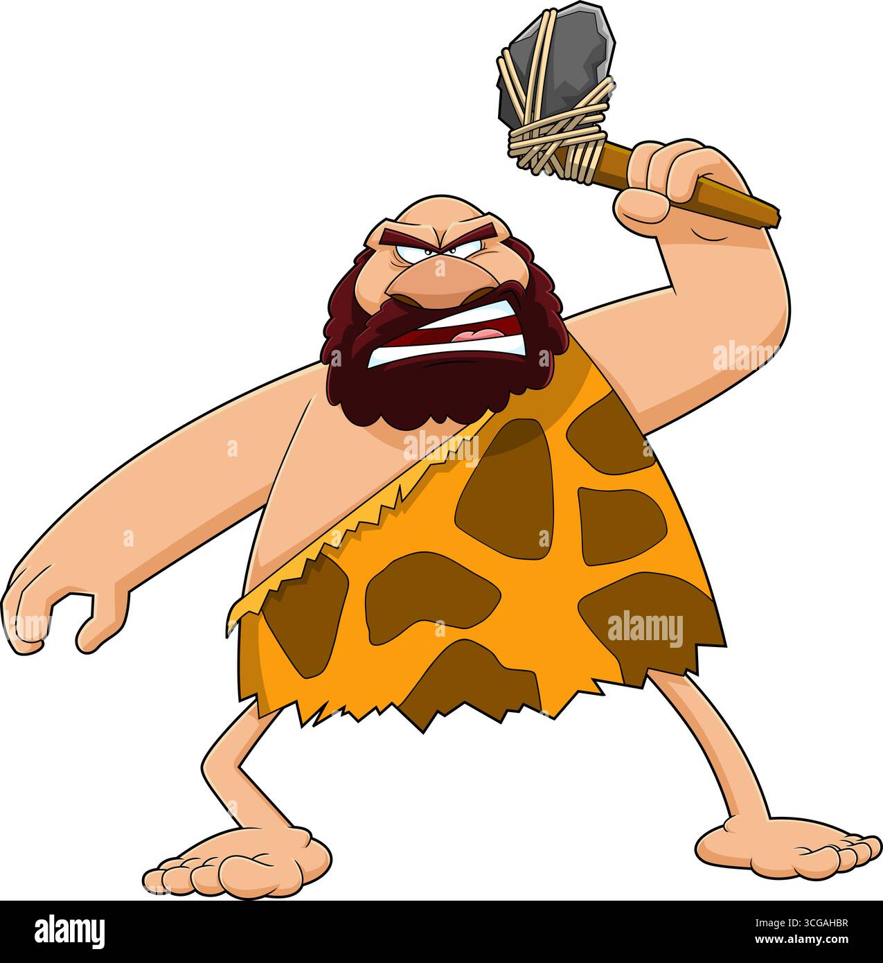 Personaggio di Angry Caveman Cartoon con Un'ascia di pietra. Illustrazione vettoriale disegnata a mano isolata su sfondo trasparente Illustrazione Vettoriale