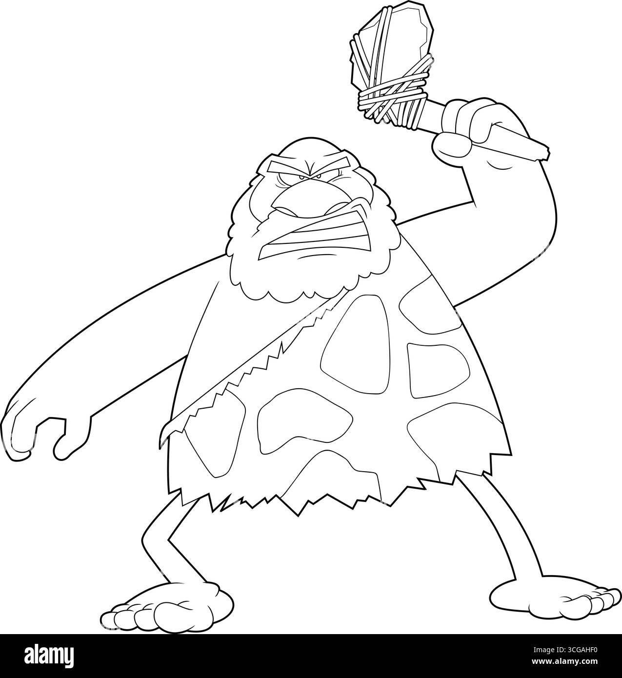 Ha delineato il personaggio arrabbiato Caveman Cartoon con Un'ascia di pietra. Illustrazione vettoriale disegnata a mano isolata su sfondo trasparente Illustrazione Vettoriale