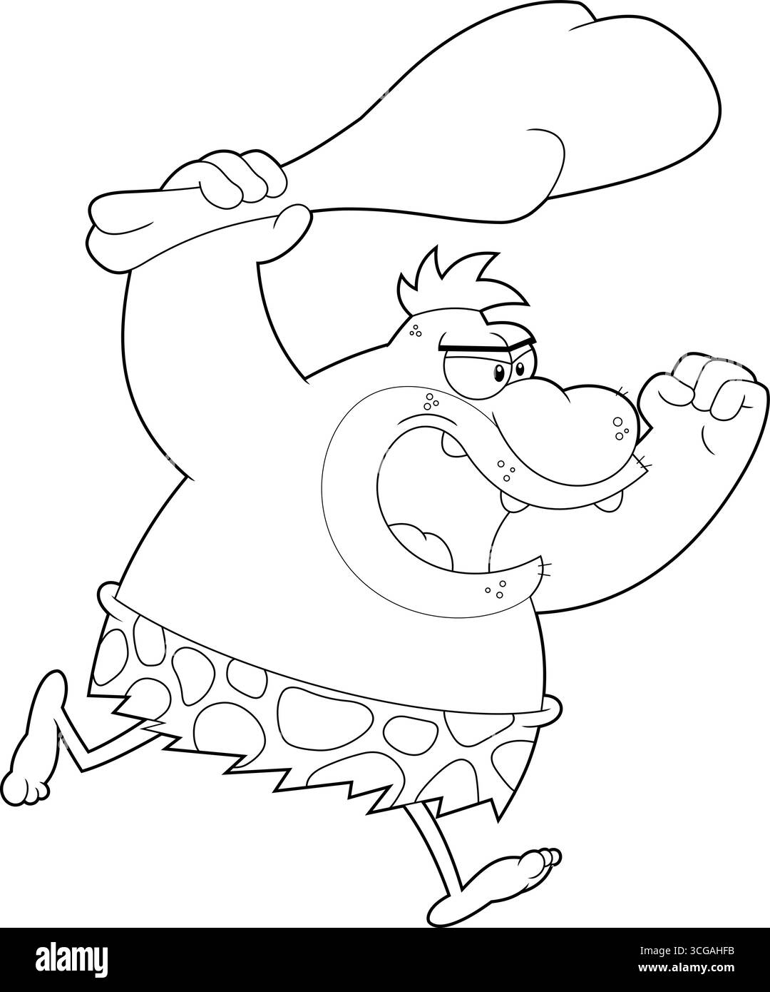 Delineato il personaggio arrabbiato Caveman Cartoon che corre con Club. Illustrazione vettoriale disegnata a mano isolata su sfondo trasparente Illustrazione Vettoriale