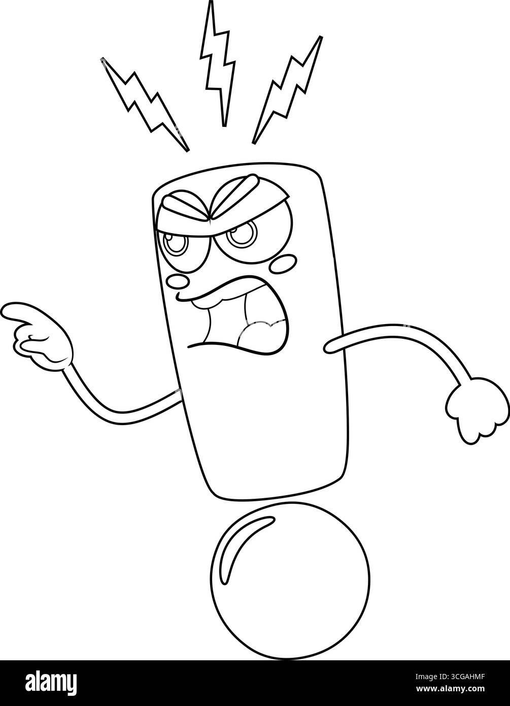 Delineato punto esclamativo arrabbiato carattere Cartoon con dito puntato. Illustrazione vettoriale disegnata a mano isolata su sfondo trasparente Illustrazione Vettoriale