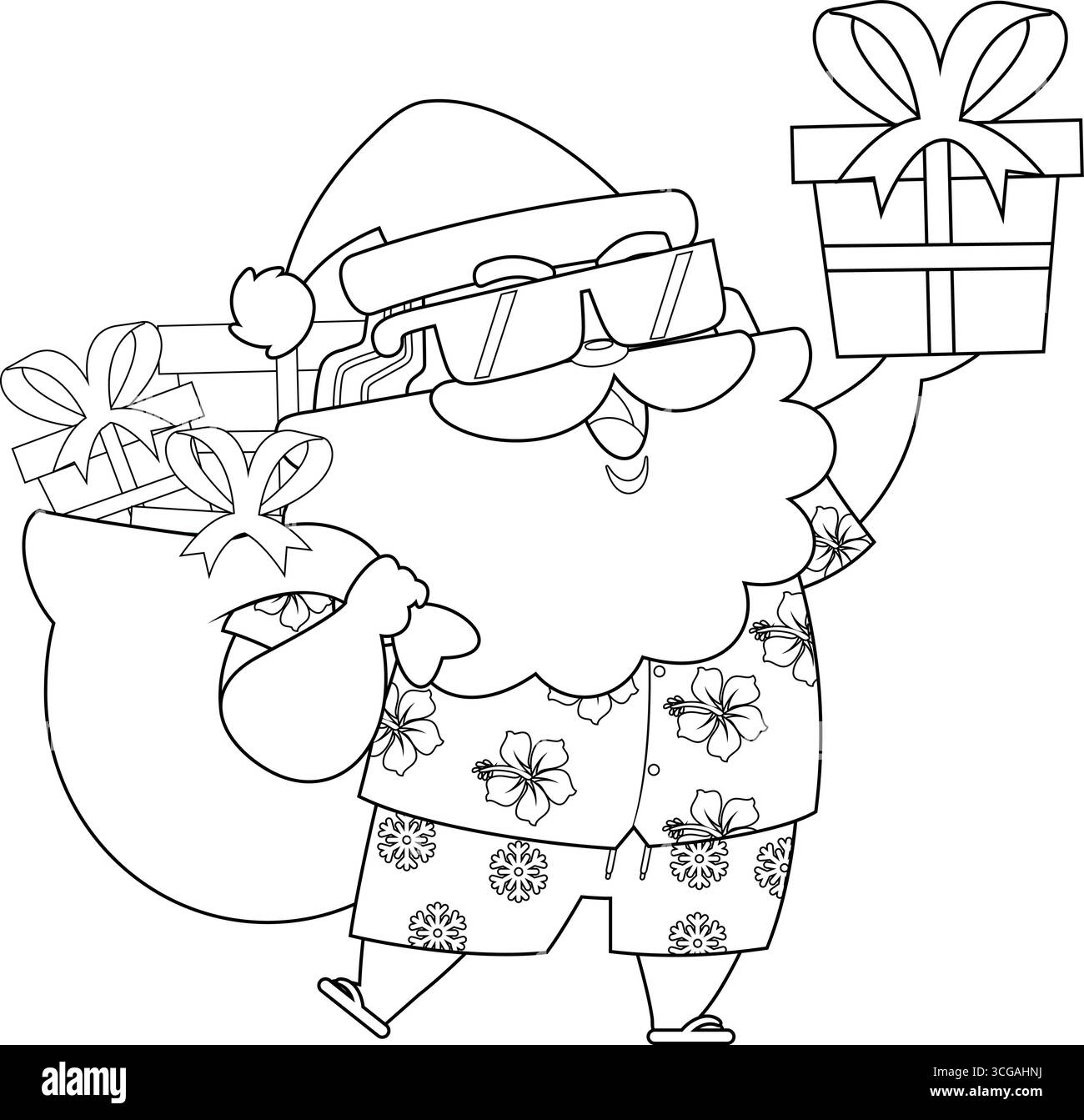 Personaggio del cartone animato estivo di Babbo Natale con una borsa che regge Una confezione regalo. Illustrazione vettoriale disegnata a mano isolata su sfondo trasparente Illustrazione Vettoriale