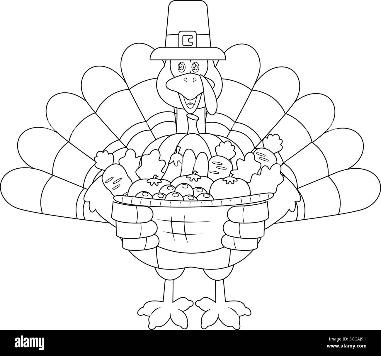 Grazioso personaggio carino cartoni animati di tacchino Pellegrino con cestino di frutta e verdura. Illustrazione vettoriale disegnata a mano Illustrazione Vettoriale