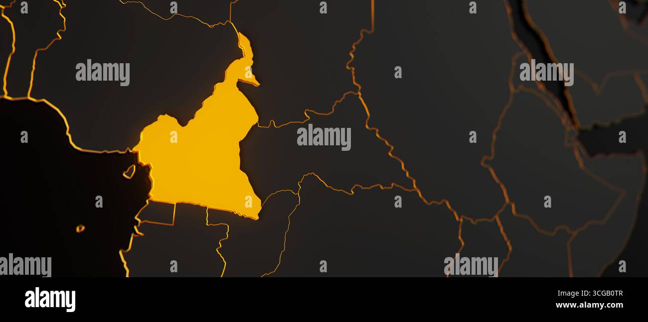 Mappa 3d del Camerun dorato circondata da altri paesi in nero con bordi dorati e dof poco profondo. Africa mappa politica con confini Foto Stock