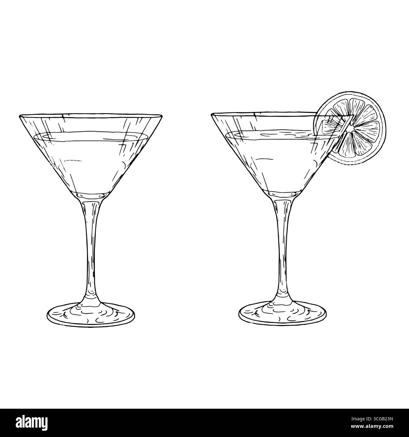 Cocktail in un elegante bicchiere su un sottile gambo, schizzo in bianco e nero. Illustrazione vettoriale. Bevanda alcolica classica, silhouette set isolato su ba bianca Illustrazione Vettoriale