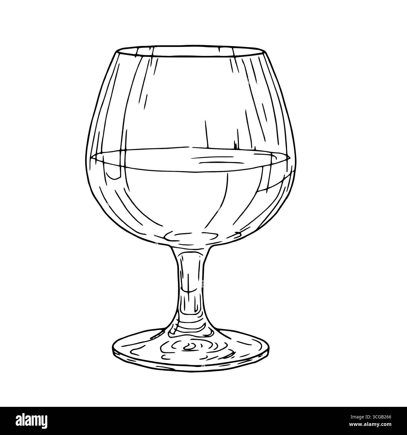 Elegante bicchiere di cognac, schizzo in bianco e nero. Illustrazione vettoriale. Classica bevanda alcolica, isolata su sfondo bianco. Bicchiere di whisky o rum, Illustrazione Vettoriale