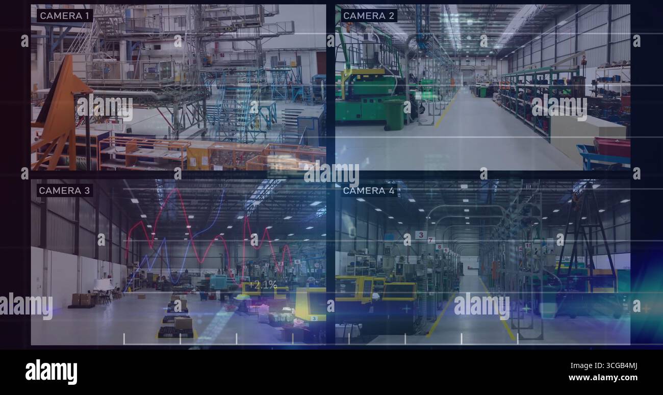 Visualizzazione degli interni degli impianti industriali tramite feed di sorveglianza suddivisi, con AGV e rack portautensili Foto Stock