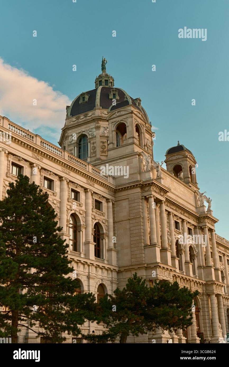 Vista del Kunsthistorisches Museum di Vienna con alberi di pino in primo piano e un cielo azzurro limpido, che mette in risalto l'architettura classica e la serena S Foto Stock