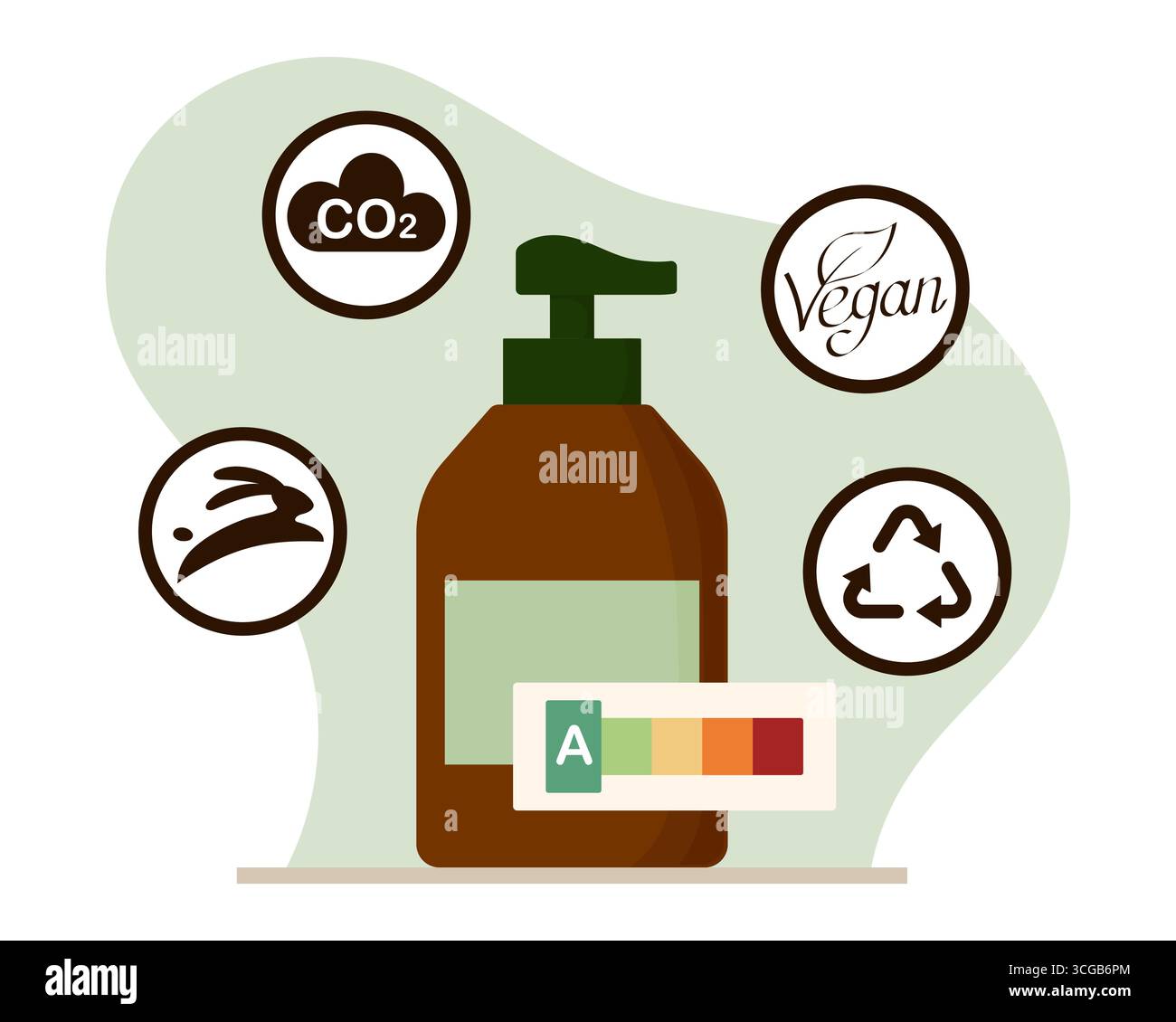 Flacone con pompetta per la cura della pelle con etichette ecologiche: Vegano, cruelty free, riciclo, CO2 e barra di classificazione eco-score di grado A. Illustrazione Vettoriale