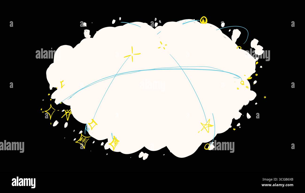 Sfondo fantasia con nuvola bianca, linee blu e stelle dorate su sfondo nero. Illustrazione decorativa da sogno con un'atmosfera magica. Illustrazione Vettoriale