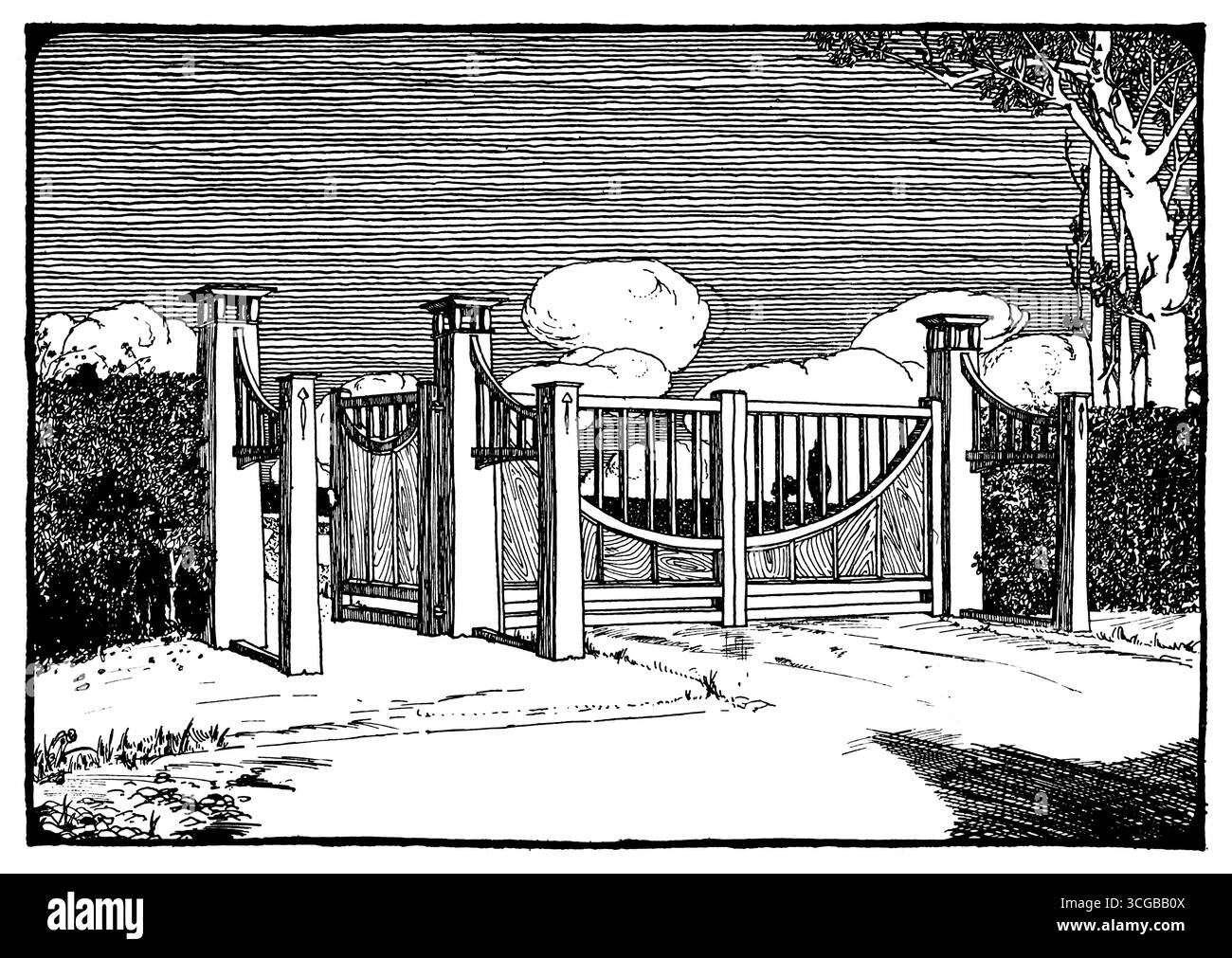 Giardino edoardiano e cancello d'accesso progettato dall'architetto scozzese Reginald B Urqhuart di Studio Magazine 1905 Foto Stock