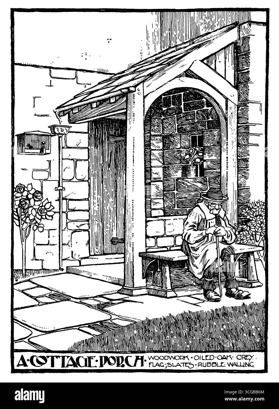 Design del portico cottage in pietra, legno e ardesia di Percy Lancaster di Southport da Studio Magazine 1905 Foto Stock