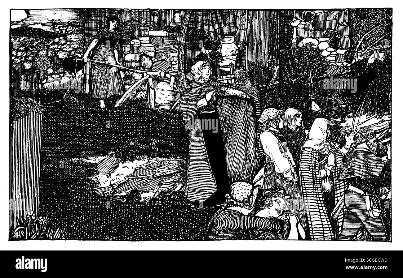 Illustrazione in stile Art nouveau della scena medievale del villaggio, dell'artista scozzese David Waterson da Studio Magazine 1905 Foto Stock