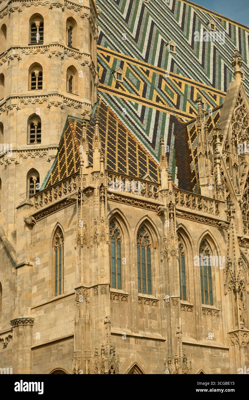 Vista laterale della cattedrale di Santo Stefano a Vienna, che mostra le intricate finestre gotiche, i contrafforti di sostegno e una torre prominente sotto l'iconico zi Foto Stock