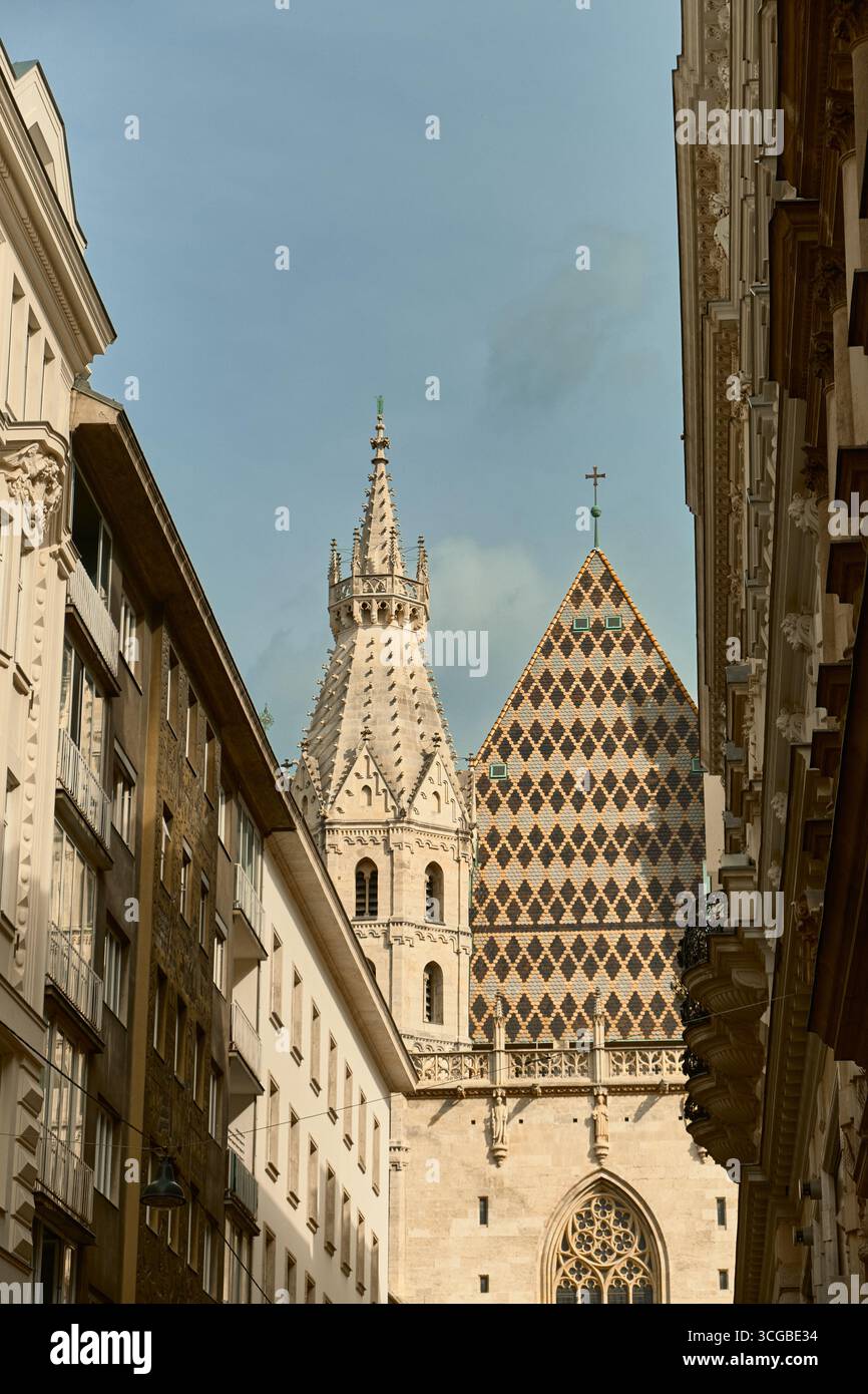 Una vista sulla guglia della cattedrale di Santo Stefano e l'iconico tetto a mosaico incorniciato dalle facciate classiche degli edifici della città vecchia di Vienna, creando una splendida Foto Stock