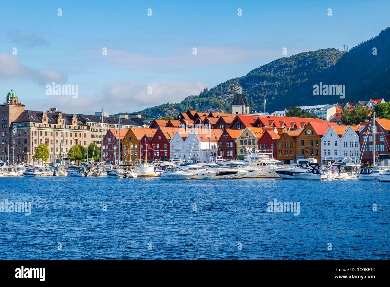 BERGEN, NORVEGIA - 17 AGOSTO 2025: Gli edifici commerciali storici di Bryggen si allineano sul lato orientale del porto di Vagen nella città di Bergen. Foto Stock