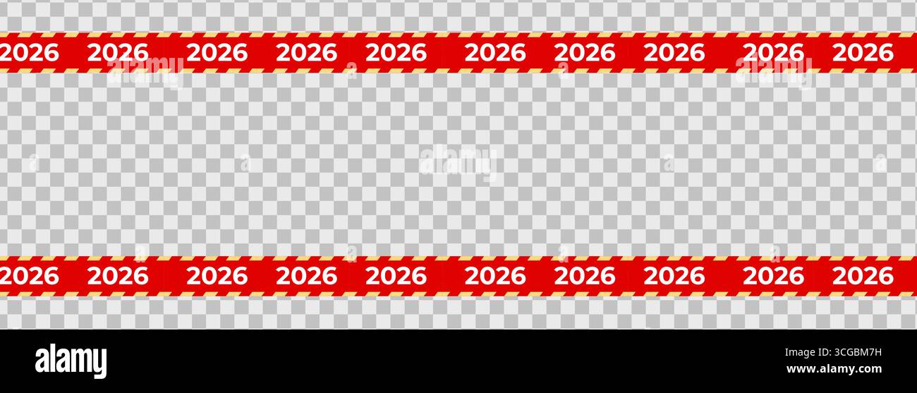 cornice a nastro a righe per le festività 2026 su sfondo trasparente. Bordo decorativo per banner, annunci digitali, schede e design per festeggiamenti invernali. Vettore Illustrazione Vettoriale