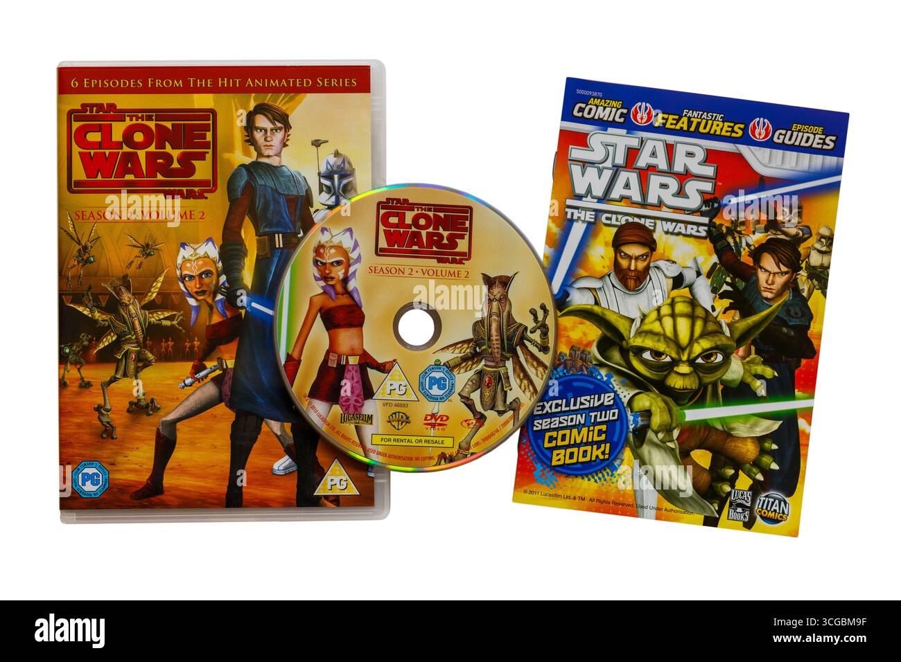 Il DVD di Clone Wars con il disco rimosso dalla custodia isolato su sfondo bianco Foto Stock