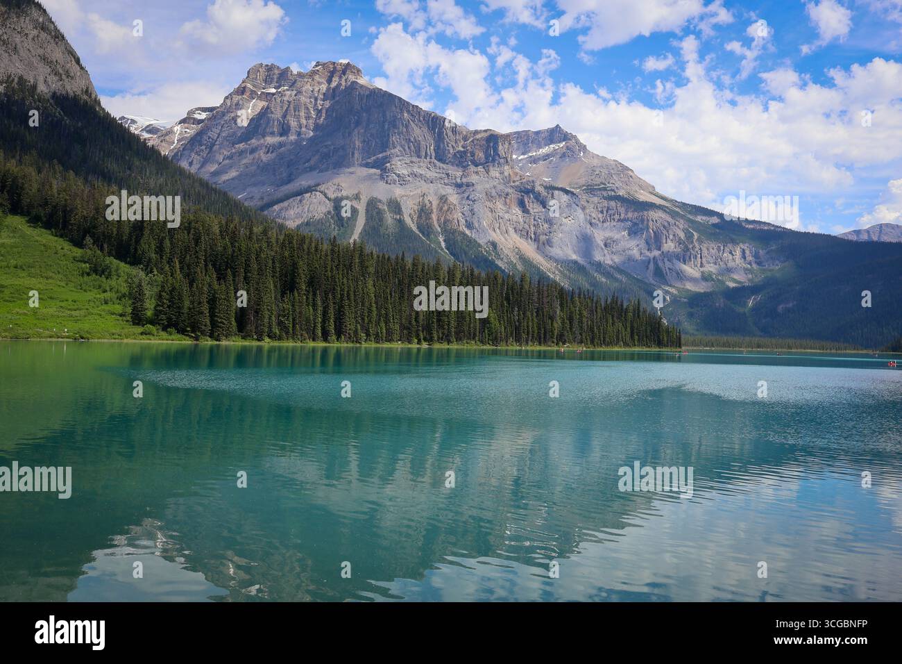 Tranquillo lago Emerald nel Parco Nazionale di Yoho con acque turchesi, riflessi di montagna e lussureggianti foreste alpine. Foto Stock