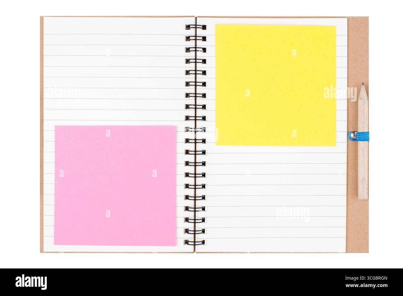 Apri notebook vuoto con matita e note adesive isolate su sfondo bianco Foto Stock