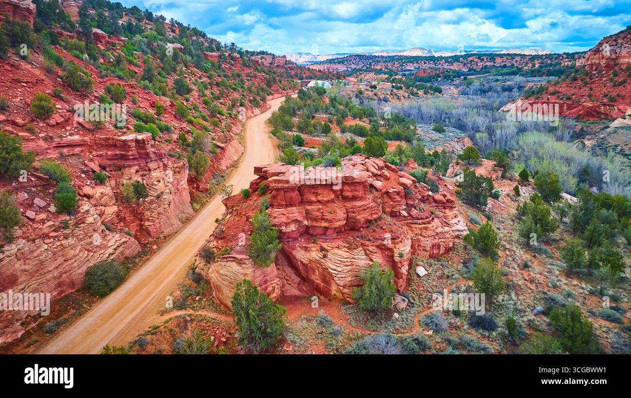 Canyon aereo di Red Rock con Winding Dirt Road e vegetazione del deserto Foto Stock