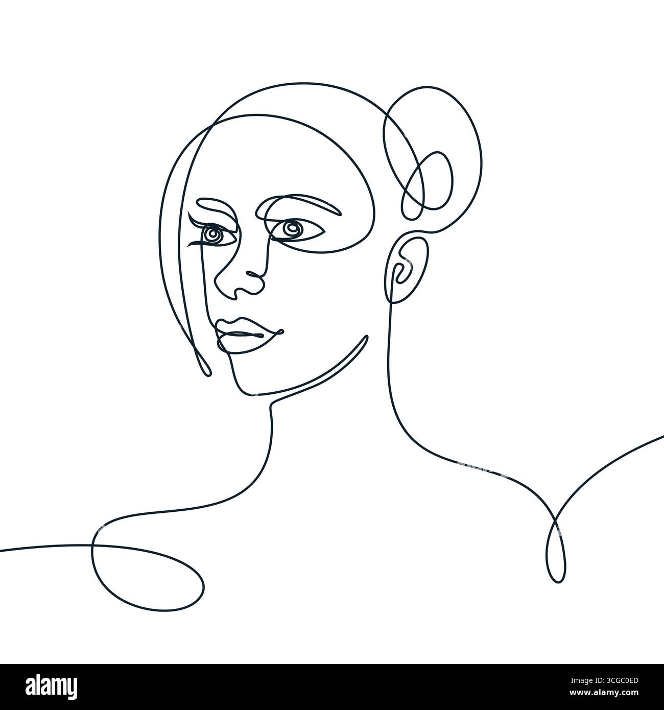 Illustrazione a linea continua disegnata a mano vettoriale del volto ritratto della donna. Design astratto in monolina per decorazioni di bellezza, logo, stampa poster o moderno Illustrazione Vettoriale