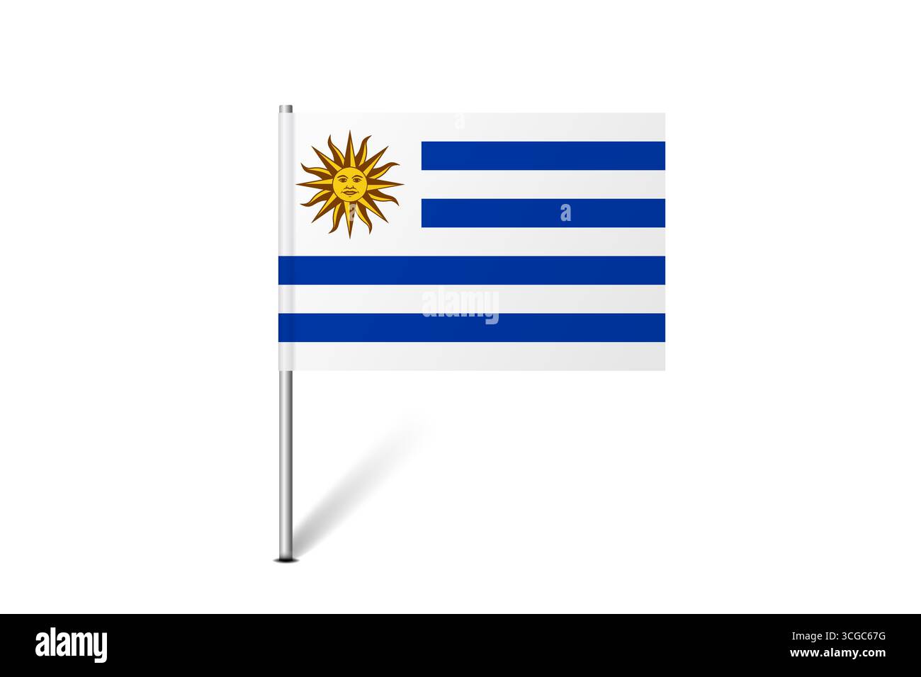 Bandiera dell'Uruguay - bandiera della mappa che rappresenta un'identità culturale e un patrimonio del paese. L'essenza dell'orgoglio nazionale e dell'unità. Indicatore pin mappa bloccato su uno sfondo bianco Illustrazione Vettoriale
