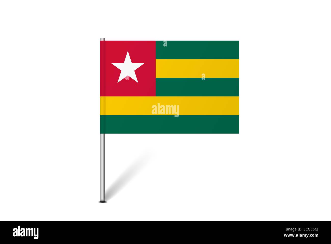 Bandiera del Togo - bandiera della mappa che rappresenta l'identità e il patrimonio culturale di un paese. L'essenza dell'orgoglio nazionale e dell'unità. Indicatore pin mappa bloccato su uno sfondo bianco Illustrazione Vettoriale