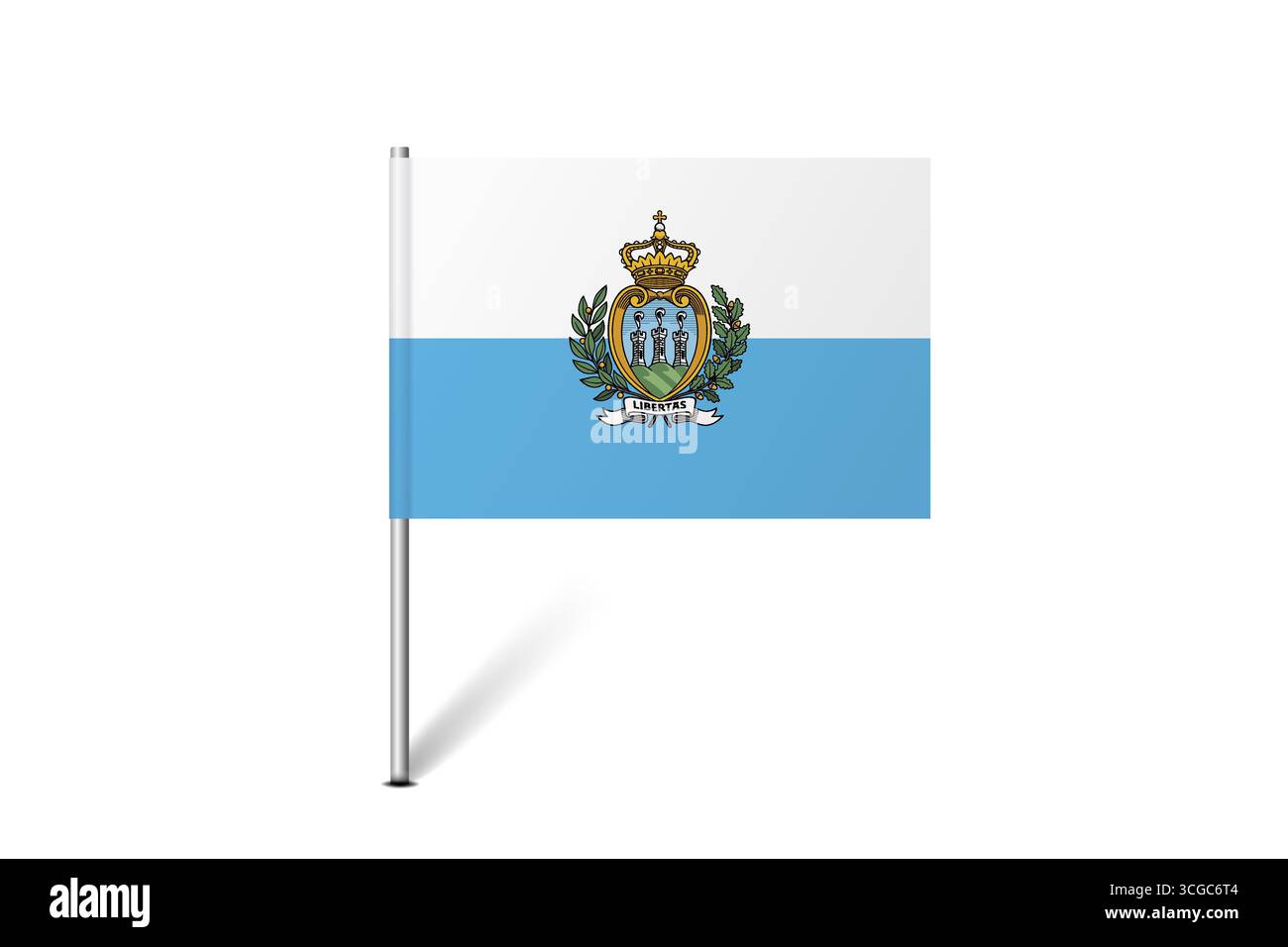 Bandiera di San Marino - bandiera a spillo che rappresenta un'identità e un patrimonio culturale del paese. L'essenza dell'orgoglio nazionale e dell'unità. Indicatore pin mappa bloccato su uno sfondo bianco Illustrazione Vettoriale