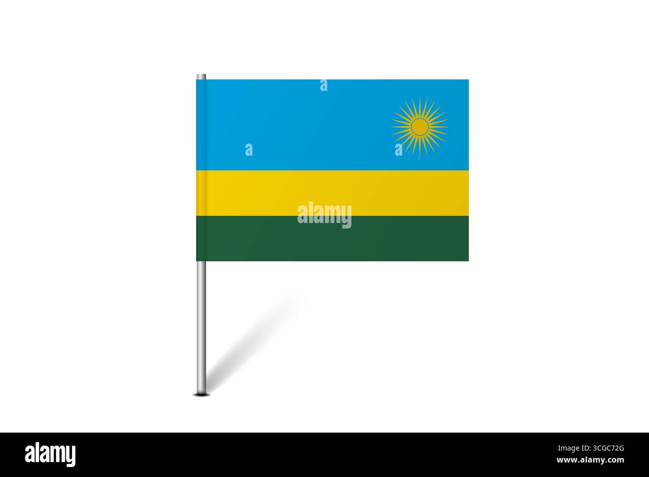 Bandiera del Ruanda - bandiera della mappa che rappresenta l'identità e il patrimonio culturale di un paese. L'essenza dell'orgoglio nazionale e dell'unità. Indicatore pin mappa bloccato su uno sfondo bianco Illustrazione Vettoriale