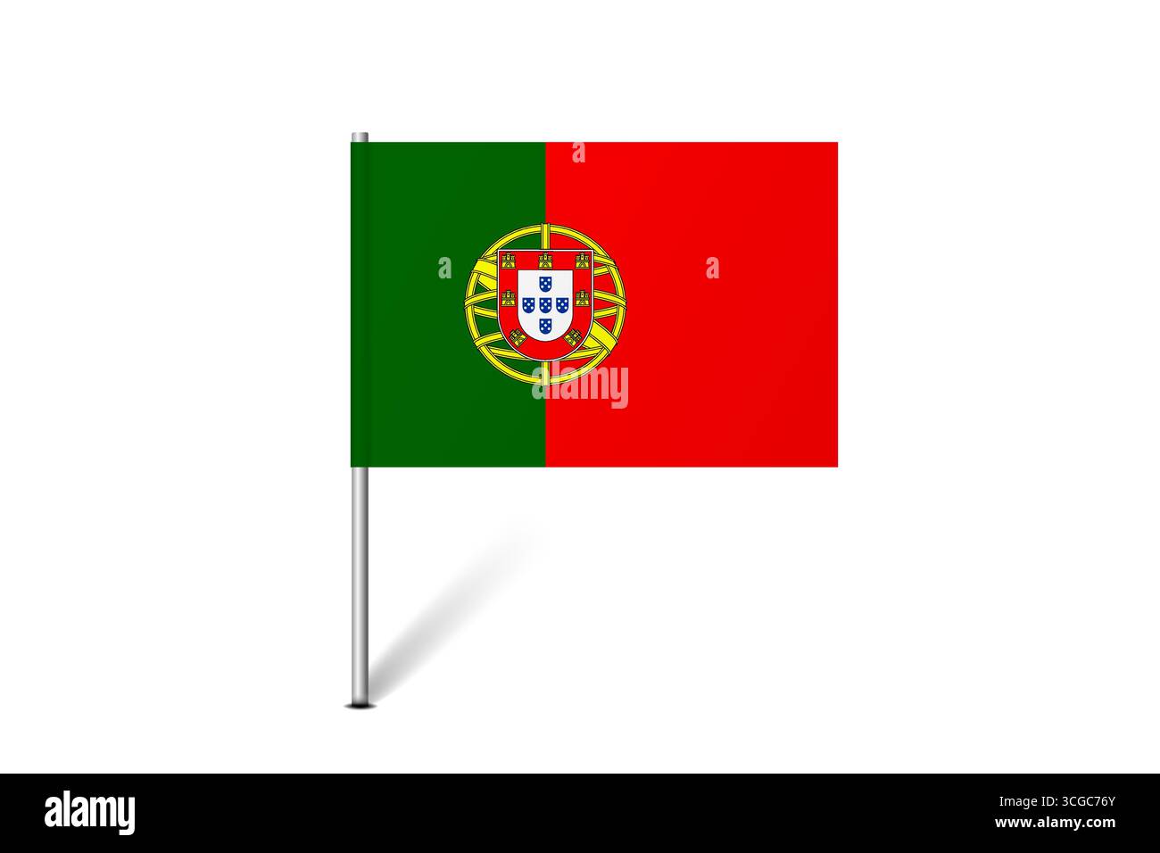 Bandiera del Portogallo - bandiera della mappa che rappresenta l'identità e il patrimonio culturale di un paese. L'essenza dell'orgoglio nazionale e dell'unità. Indicatore pin mappa bloccato su uno sfondo bianco Illustrazione Vettoriale