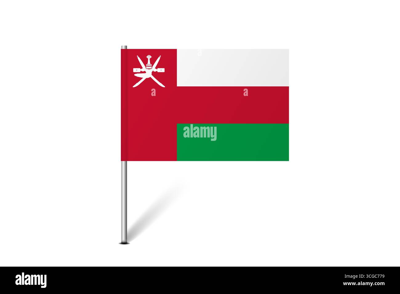 Bandiera dell'Oman - bandiera della mappa che rappresenta l'identità e il patrimonio culturale di un paese. L'essenza dell'orgoglio nazionale e dell'unità. Indicatore pin mappa bloccato su uno sfondo bianco Illustrazione Vettoriale