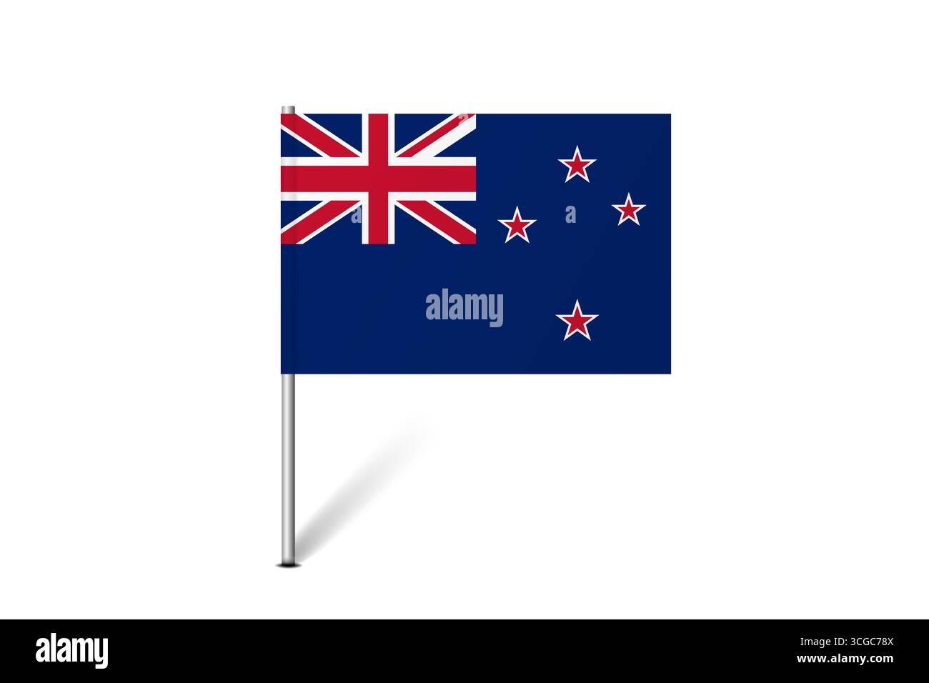 Bandiera della nuova Zelanda - bandiera della mappa che rappresenta l'identità e il patrimonio culturale di un paese. L'essenza dell'orgoglio nazionale e dell'unità. Indicatore pin mappa bloccato su uno sfondo bianco Illustrazione Vettoriale