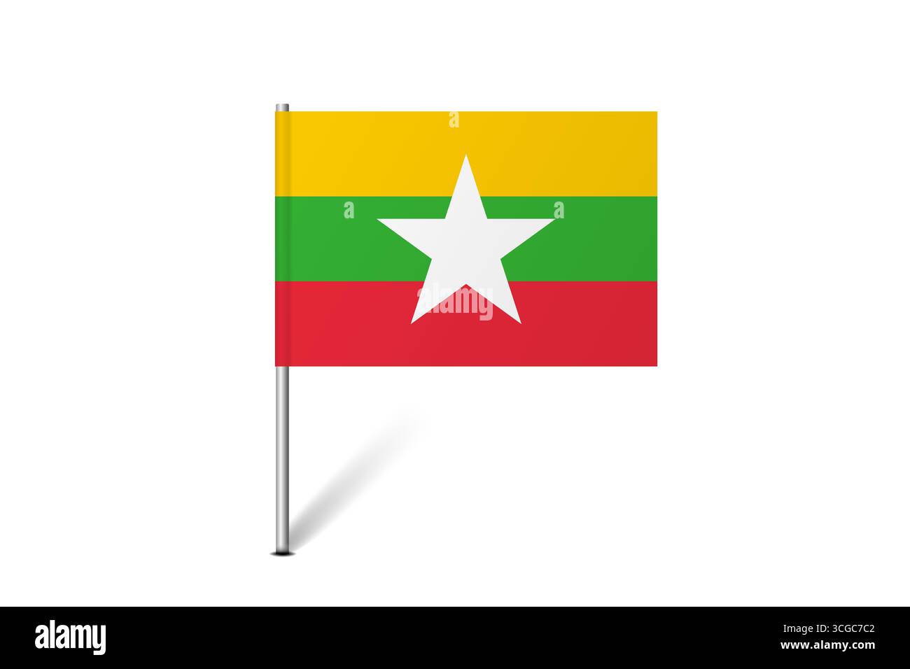 Bandiera del Myanmar - bandiera della mappa che rappresenta un'identità culturale e un patrimonio del paese. L'essenza dell'orgoglio nazionale e dell'unità. Indicatore pin mappa bloccato su uno sfondo bianco Illustrazione Vettoriale