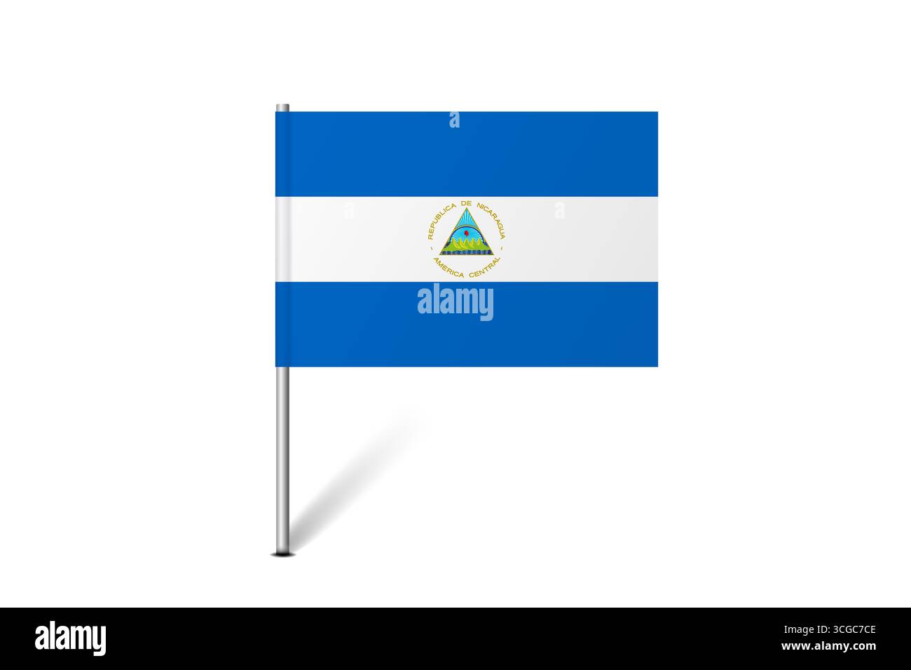 Bandiera del Nicaragua - bandiera della mappa che rappresenta l'identità e il patrimonio culturale di un paese. L'essenza dell'orgoglio nazionale e dell'unità. Indicatore pin mappa bloccato su uno sfondo bianco Illustrazione Vettoriale