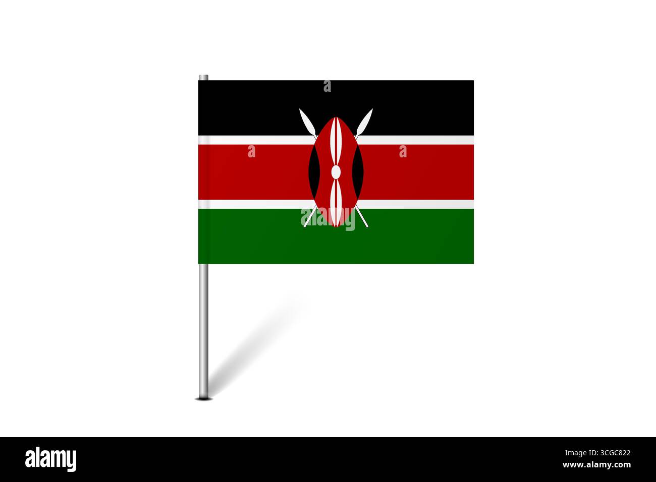 Bandiera del Kenya - bandiera della mappa che rappresenta l'identità e il patrimonio culturale di un paese. L'essenza dell'orgoglio nazionale e dell'unità. Indicatore pin mappa bloccato su uno sfondo bianco Illustrazione Vettoriale