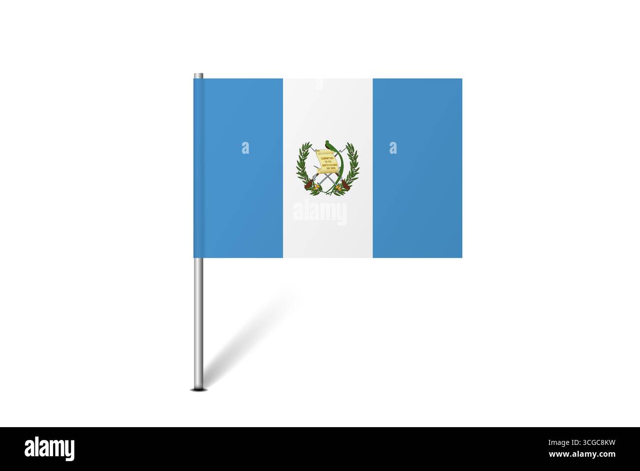 Bandiera del Guatemala - bandiera della mappa che rappresenta un'identità e un patrimonio culturale del paese. L'essenza dell'orgoglio nazionale e dell'unità. Indicatore pin mappa bloccato su uno sfondo bianco Illustrazione Vettoriale