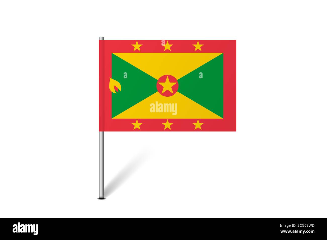 Bandiera Grenada - bandiera a spillo che rappresenta un'identità culturale e un patrimonio del paese. L'essenza dell'orgoglio nazionale e dell'unità. Indicatore pin mappa bloccato su uno sfondo bianco Illustrazione Vettoriale