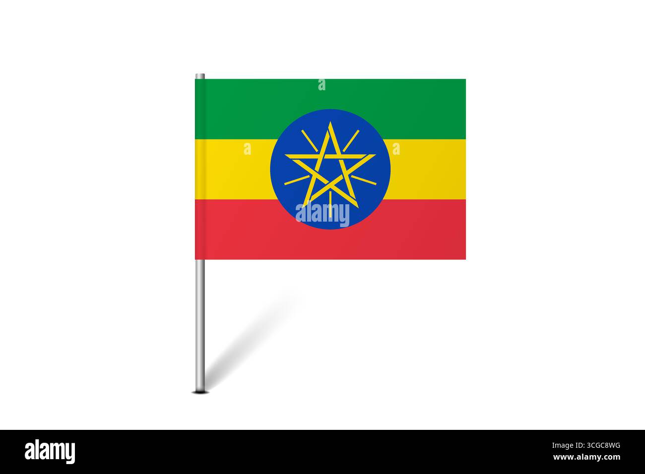 Bandiera dell'Etiopia - bandiera della mappa che rappresenta l'identità e il patrimonio culturale di un paese. L'essenza dell'orgoglio nazionale e dell'unità. Indicatore pin mappa bloccato su uno sfondo bianco Illustrazione Vettoriale