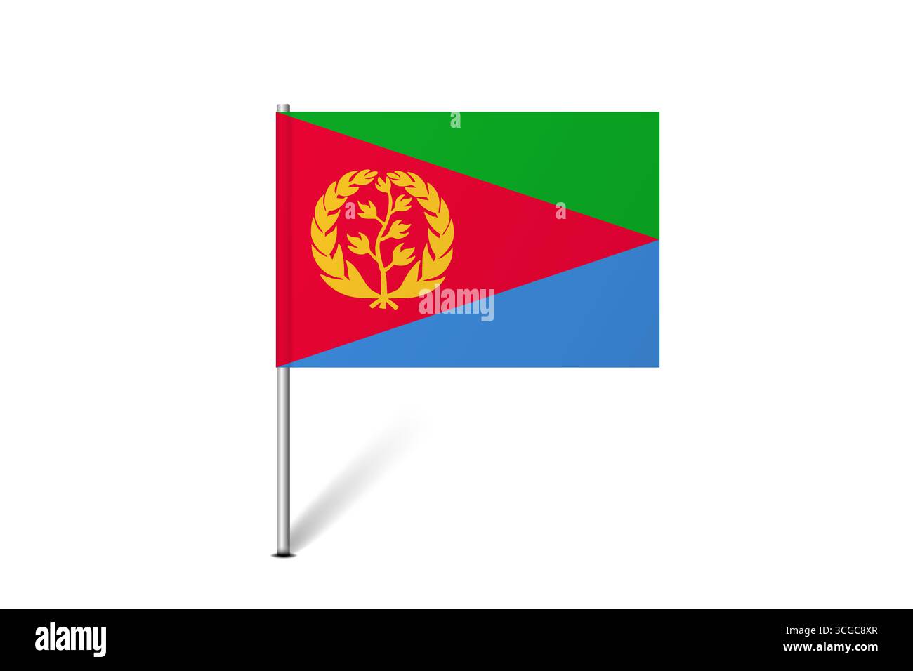 Bandiera dell'Eritrea - bandiera a spillo che rappresenta l'identità e il patrimonio culturale di un paese. L'essenza dell'orgoglio nazionale e dell'unità. Indicatore pin mappa bloccato su uno sfondo bianco Illustrazione Vettoriale