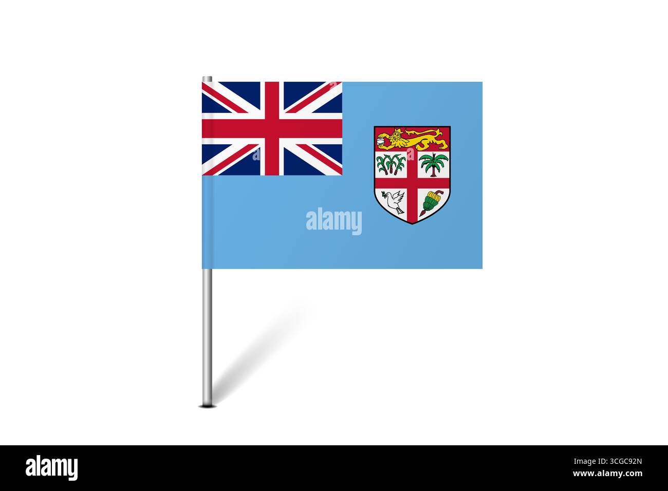 Bandiera delle Figi - bandiera a spillo che rappresenta un'identità culturale e un patrimonio del paese. L'essenza dell'orgoglio nazionale e dell'unità. Indicatore pin mappa bloccato su uno sfondo bianco Illustrazione Vettoriale