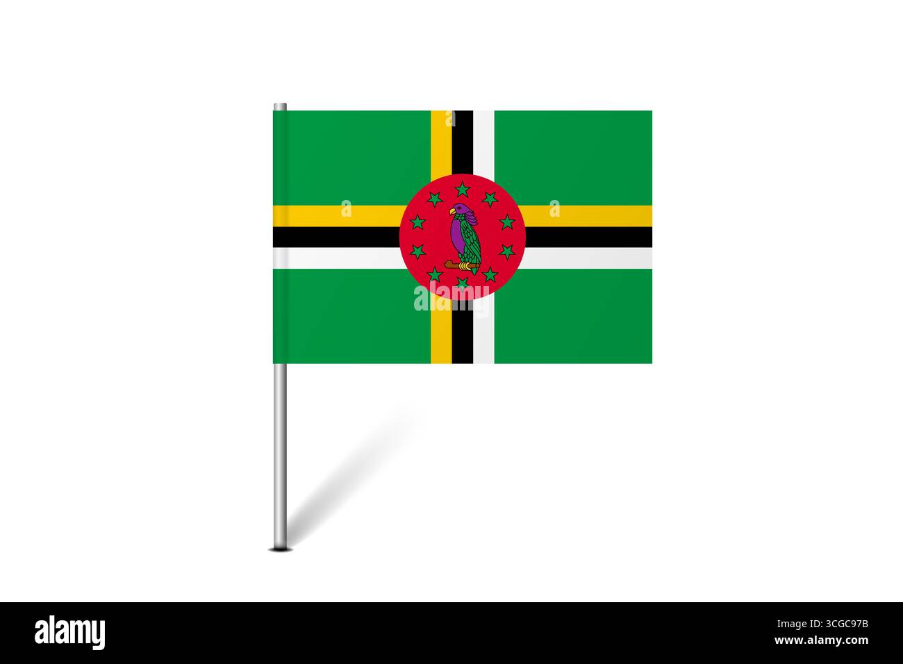 Bandiera Dominica - bandiera della mappa che rappresenta l'identità e il patrimonio culturale di un paese. L'essenza dell'orgoglio nazionale e dell'unità. Indicatore pin mappa bloccato su uno sfondo bianco Illustrazione Vettoriale