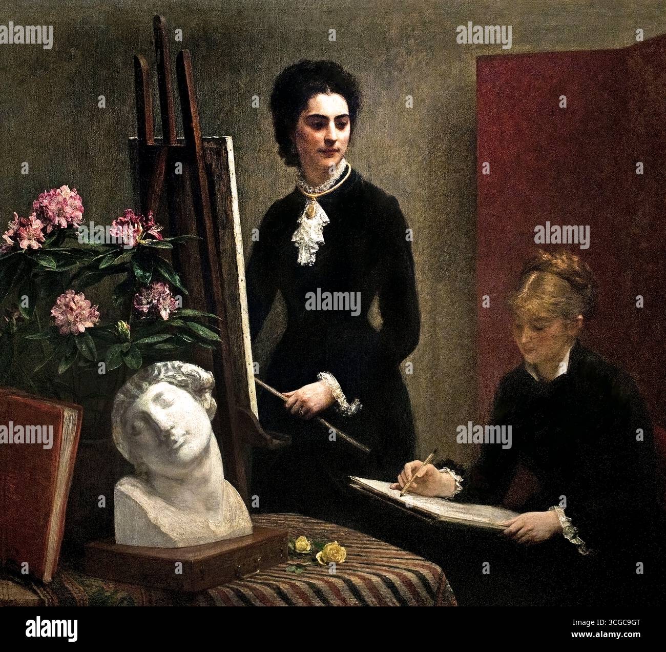 Henri Fantin-Latour (1836–1904) lezione di disegno nel laboratorio 1879 France French, Museum ( Henri Fantin-Latour (1836–1904) è stato un pittore e litografo francese noto per le sue splendide nature morte floreali e ritratti di gruppo di artisti e scrittori parigini contemporanei, tra cui Monet, Renoir e Whistler. Anche se vicino agli impressionisti in termini di amicizia e associazioni, il suo stile accademico e realista differiva dal loro, portando ad una posizione artistica unica. Foto Stock