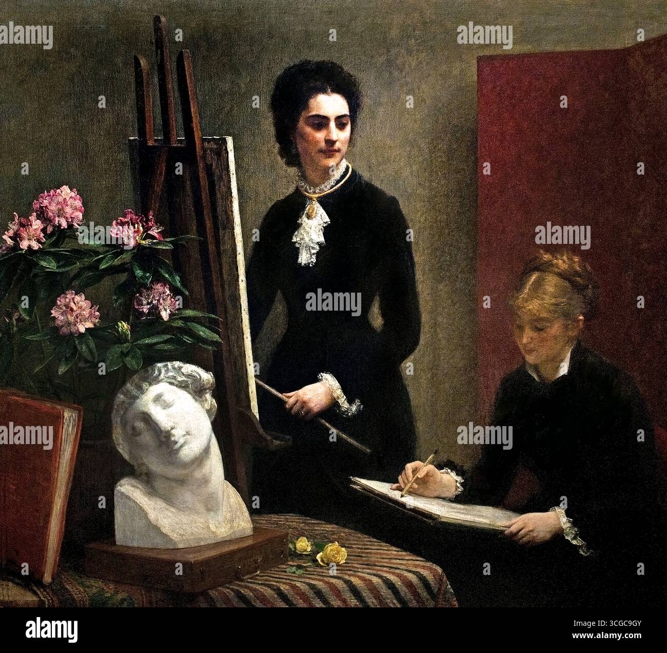 Henri Fantin-Latour (1836–1904) lezione di disegno nel laboratorio 1879 France French, Museum ( Henri Fantin-Latour (1836–1904) è stato un pittore e litografo francese noto per le sue splendide nature morte floreali e ritratti di gruppo di artisti e scrittori parigini contemporanei, tra cui Monet, Renoir e Whistler. Anche se vicino agli impressionisti in termini di amicizia e associazioni, il suo stile accademico e realista differiva dal loro, portando ad una posizione artistica unica. Foto Stock