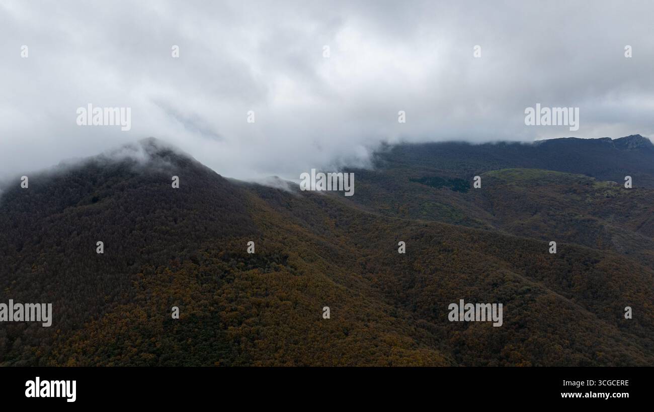 Basse nuvole che coprono montagne boschive in Navarra, Spagna Foto Stock
