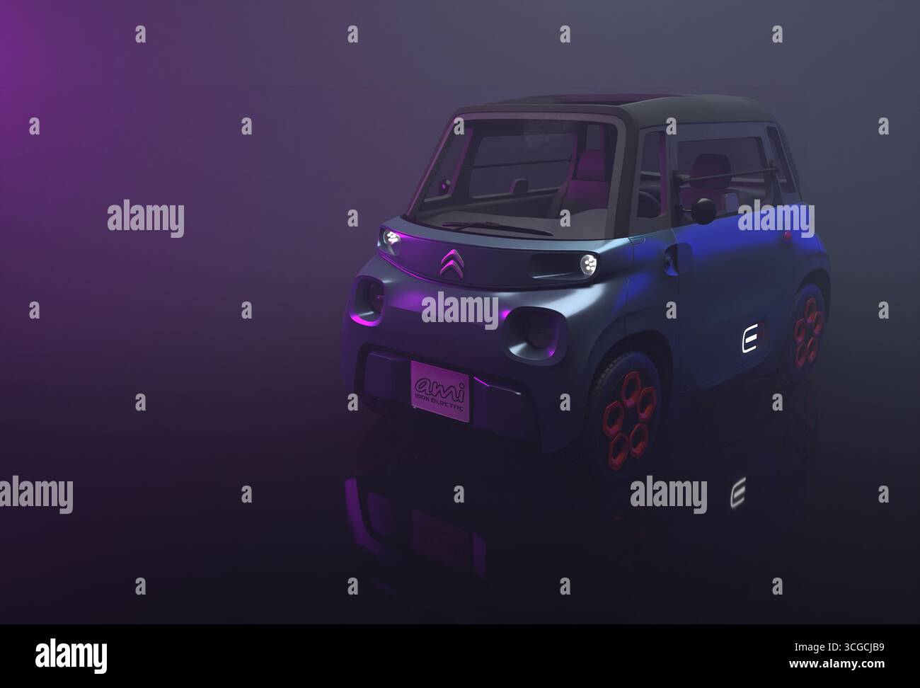 Izmir, Turchia - agosto 28 2025: Rendering 3D realistico di una Citroen ami grigio-bluastro del 2020, vista anteriore leggermente a sinistra in blu nebbioso, verde, viola. Foto Stock