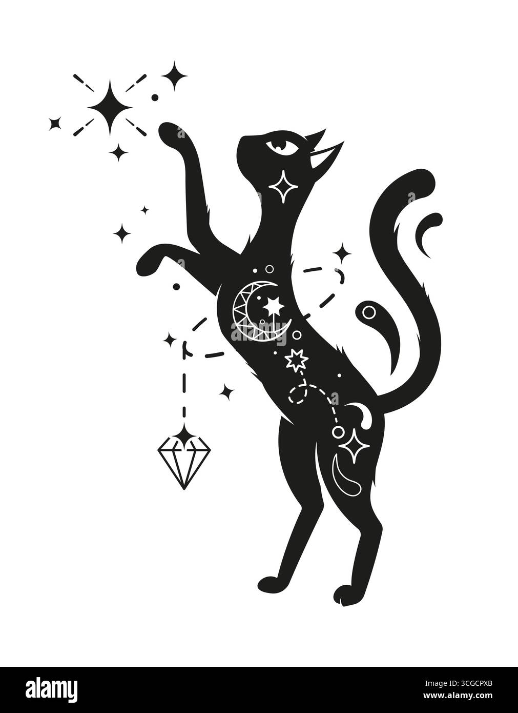 Gatto magico nero in piedi sulle zampe posteriori con simboli celesti ed elementi sul suo corpo. La silhouette vettoriale di un animale felino circondato da stelle e diamanti fluttuanti trasuda un'aura mistica, magica e spirituale Illustrazione Vettoriale