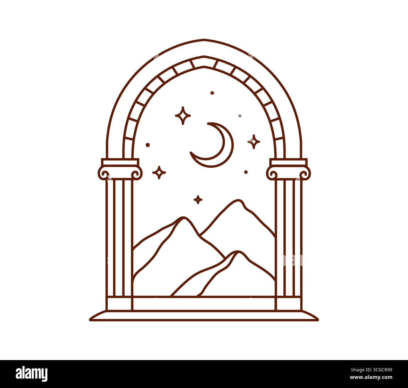 Arco boho mistico, porta bohémien magica che incornicia un tranquillo paesaggio montano sotto una luna crescente e stelle. L'elegante finestra ad arco vettoriale evoca calma, meraviglia, bellezza senza tempo e un'atmosfera bohémien spirituale Illustrazione Vettoriale