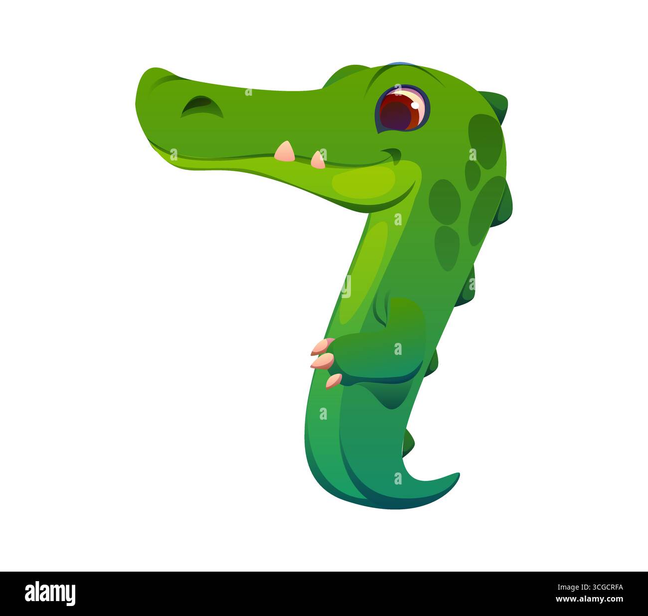 Numero sette simbolo matematico come divertente personaggio animato alligatore. Coccodrillo bambini alfabeto zoo mascotte font, caratteri per bambini, tipo di lettera. Carino abc per bambini apprendimento di matematica e giochi Illustrazione Vettoriale