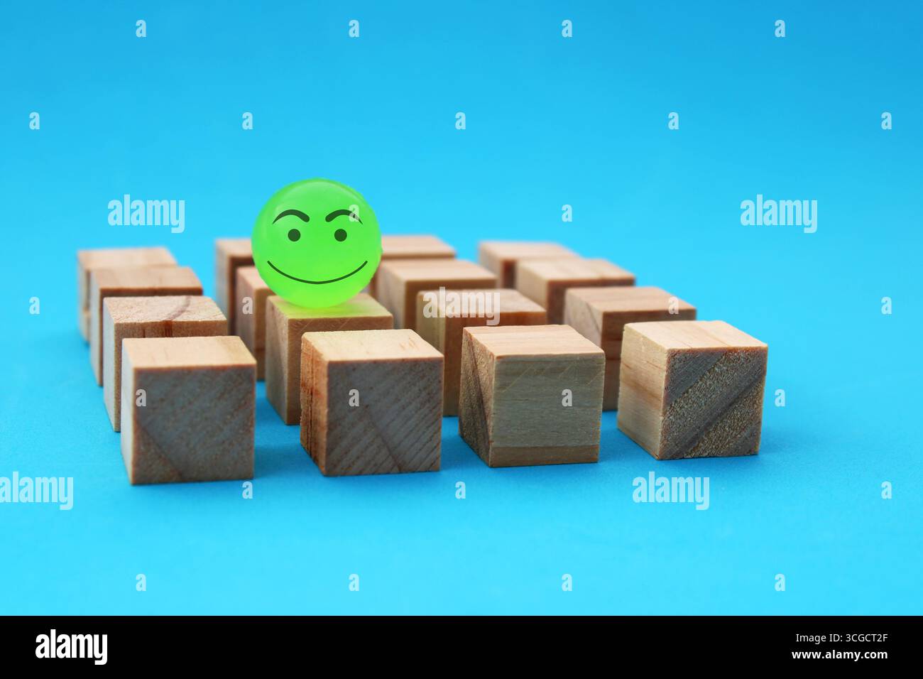 Felice sfera leader su cubi di legno Foto Stock