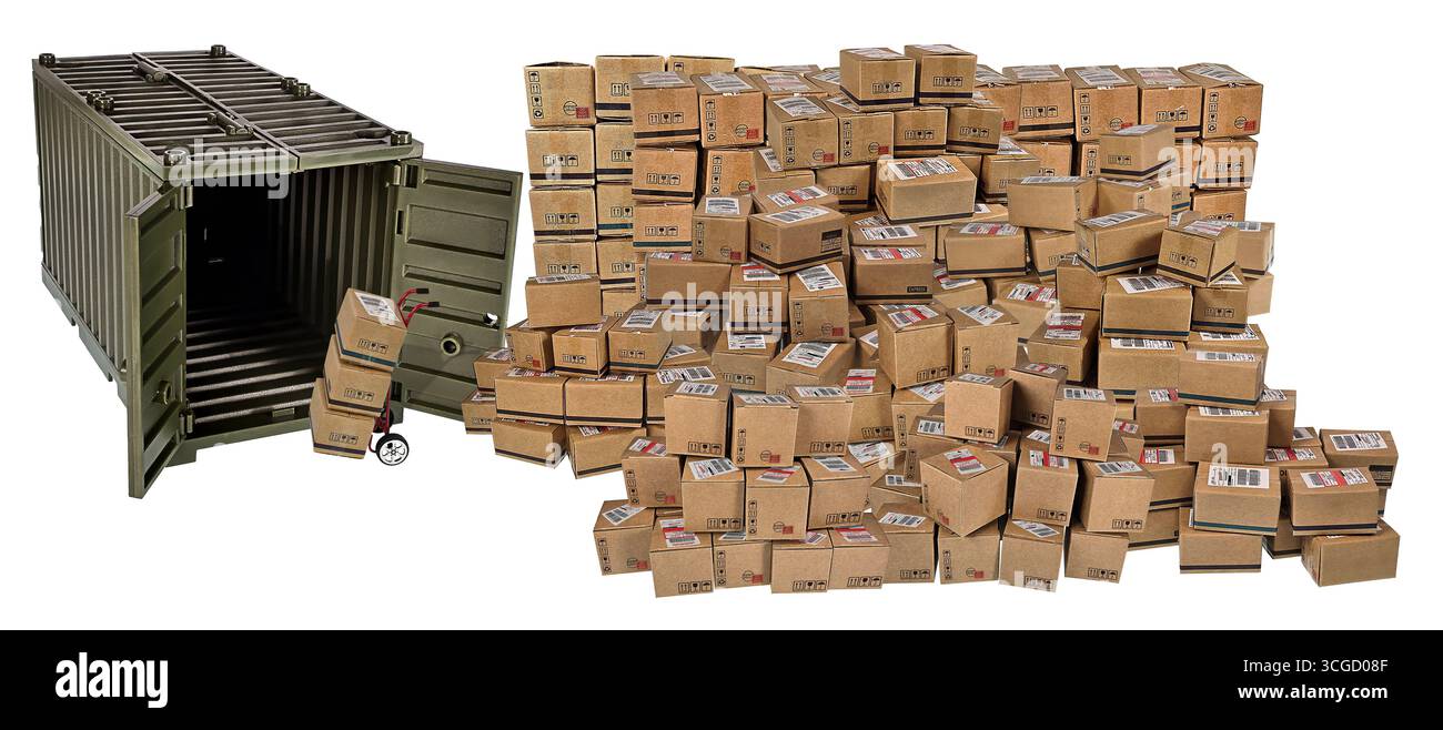 Contenitore per la spedizione carrello a mano e molte scatole di spedizione marrone per la spedizione di oggetti ai consumatori Foto Stock
